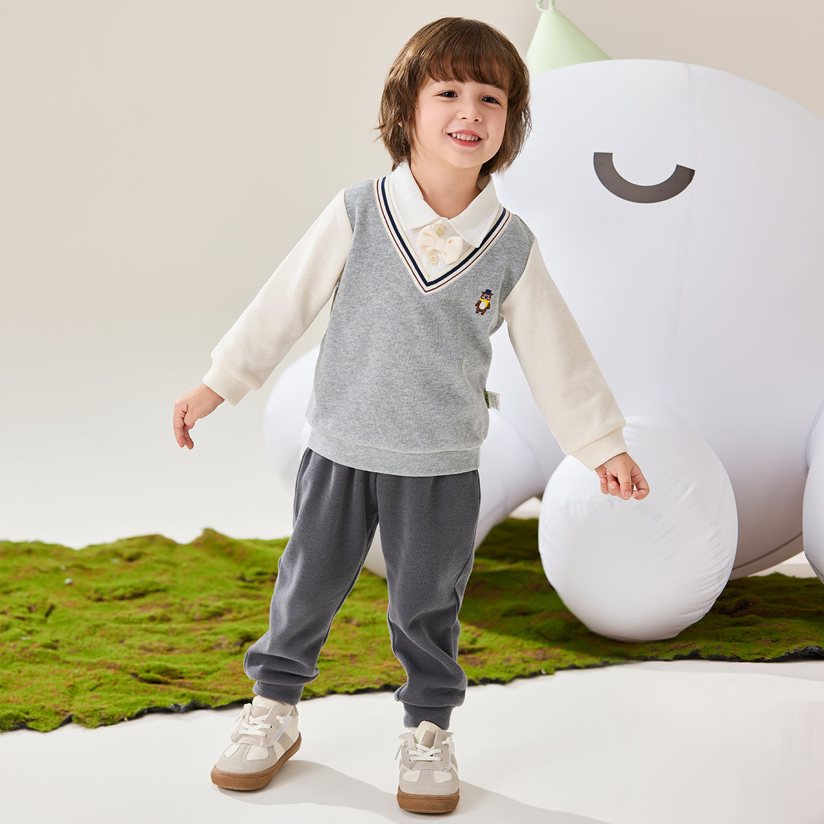 Little Bear Preppy Fake Two-Piece Set