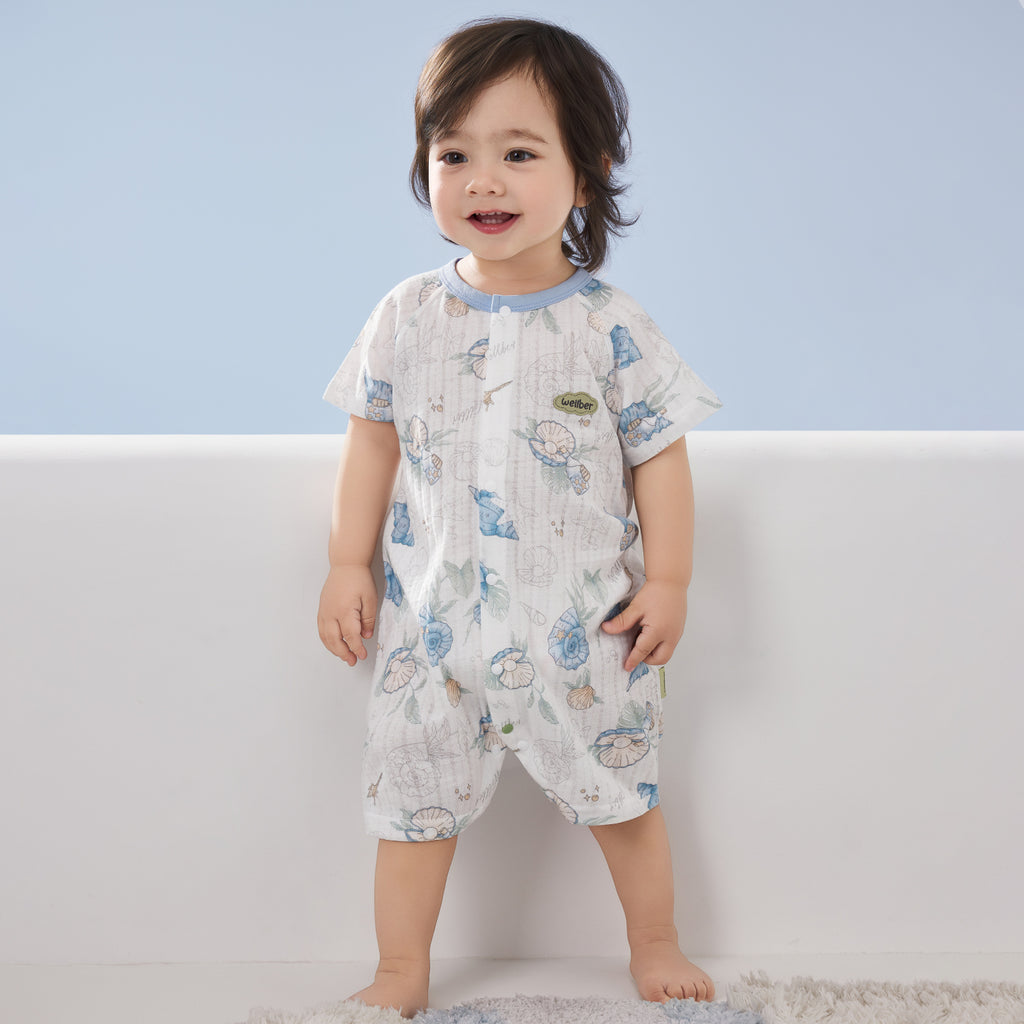 100% Cotton Jacquard Jersey Short Sleeve Front-Opening Romper
