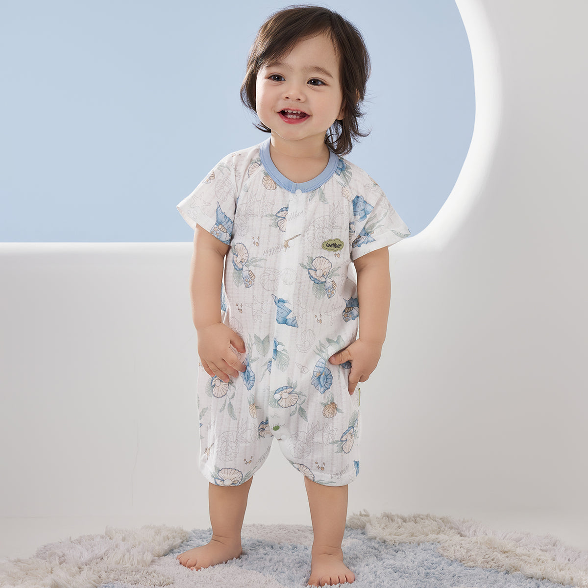 100% Cotton Jacquard Jersey Short Sleeve Front-Opening Romper