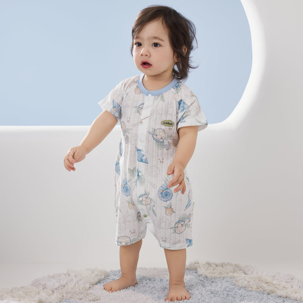 100% Cotton Jacquard Jersey Short Sleeve Front-Opening Romper