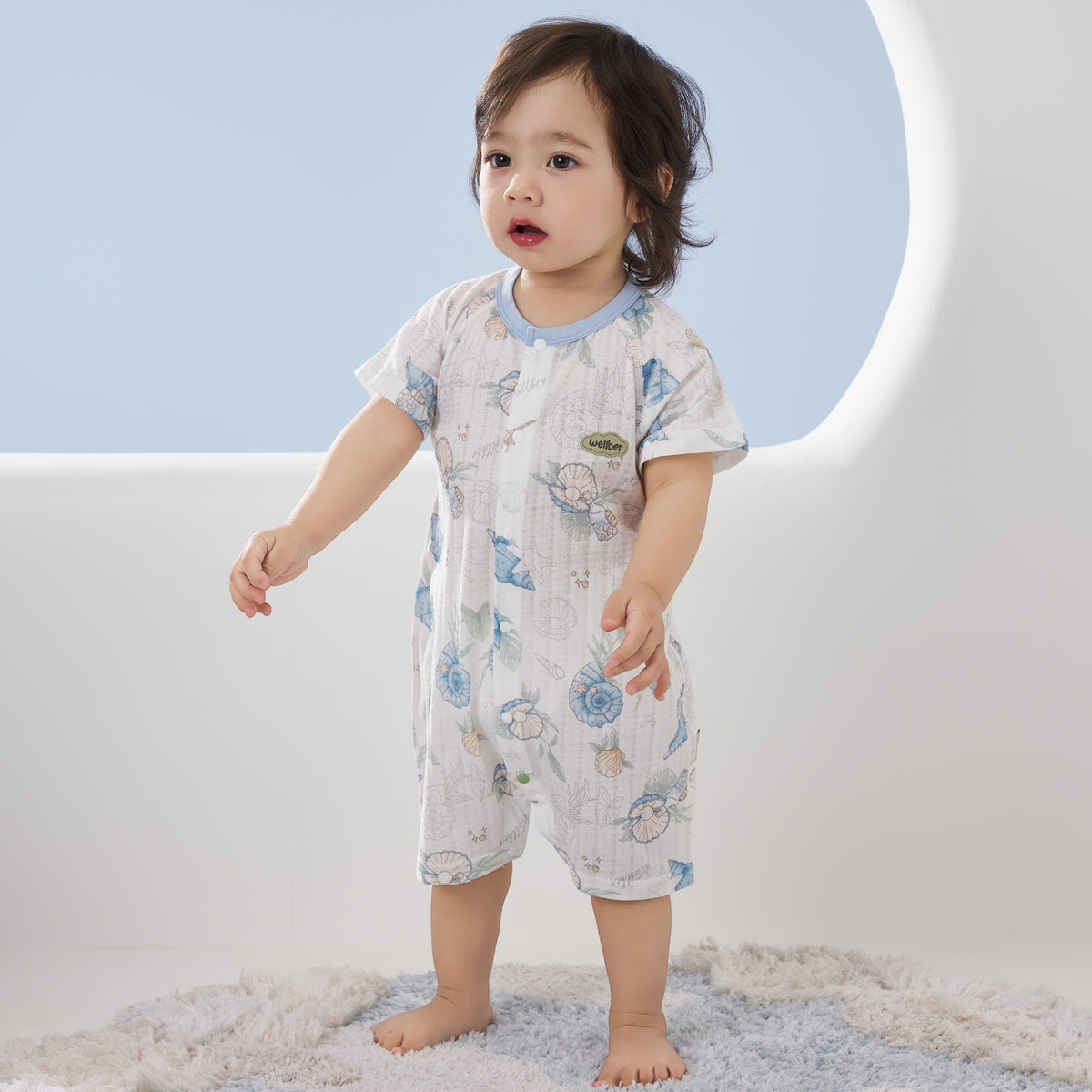 100% Cotton Jacquard Jersey Short Sleeve Front-Opening Romper