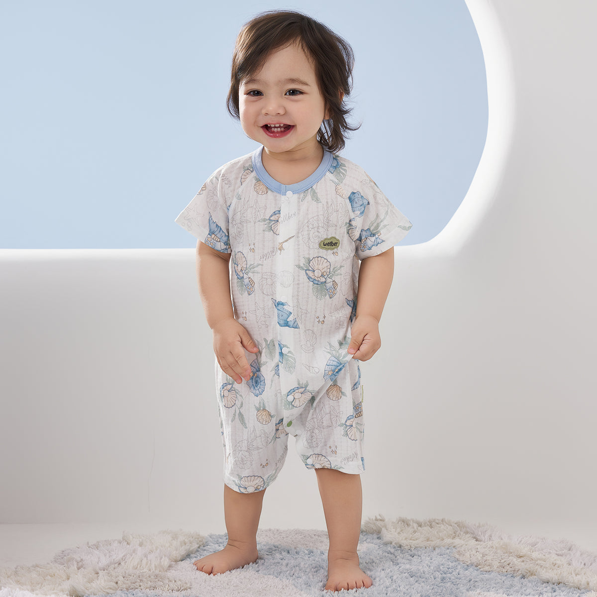 100% Cotton Jacquard Jersey Short Sleeve Front-Opening Romper